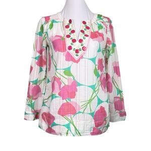 Lilly Pulitzer Top Womens Size XS Pink Green Iridescent Floral Feminine Barbie